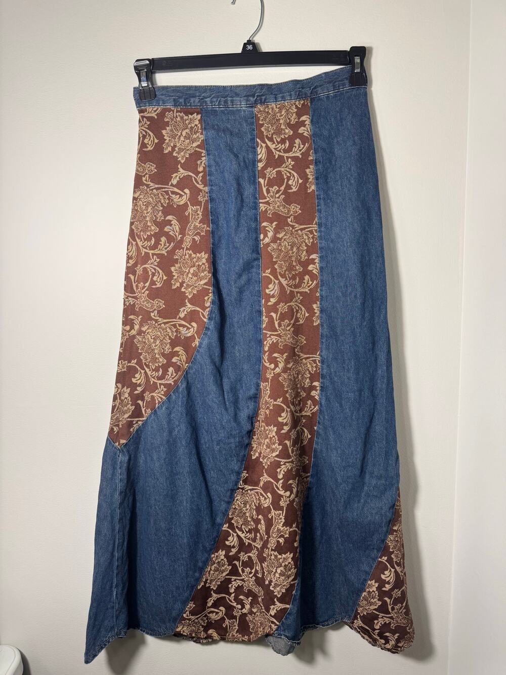 Vintage Y2K Boho Patchwork Denim Maxi Skirt Made In USA